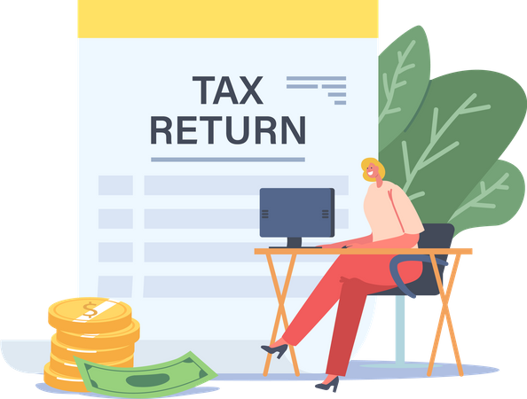Femme d'affaires assise au bureau du lieu de travail avec remboursement de la taxe informatique  Illustration