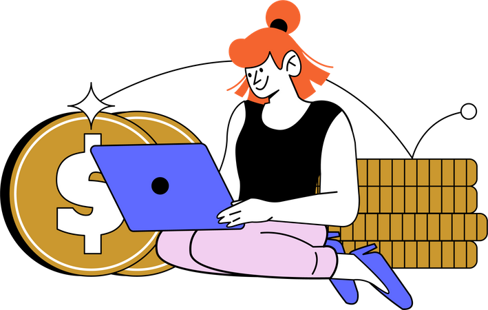 Femme d'affaires assise avec une pièce d'un dollar et travaillant sur un ordinateur portable  Illustration