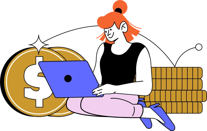 Femme d'affaires assise avec une pièce d'un dollar et travaillant sur un ordinateur portable  Illustration