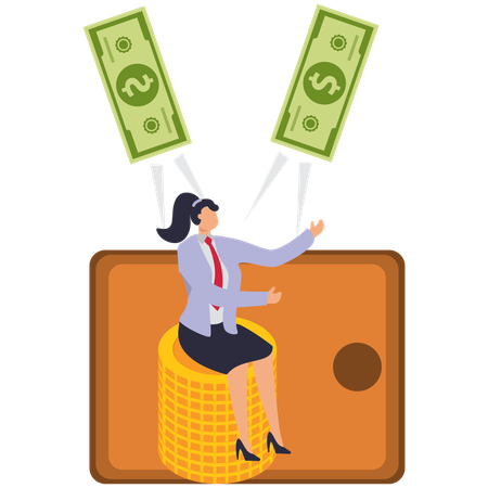 Femme d'affaires assise, déprimée, sur des pièces de monnaie près de son portefeuille, avec de l'argent qui s'envole  Illustration