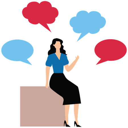 Femme d'affaires assise entourée de bulles de discussion  Illustration