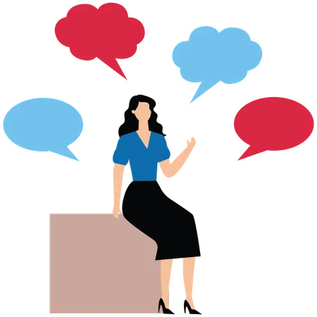 Femme d'affaires assise entourée de bulles de discussion  Illustration