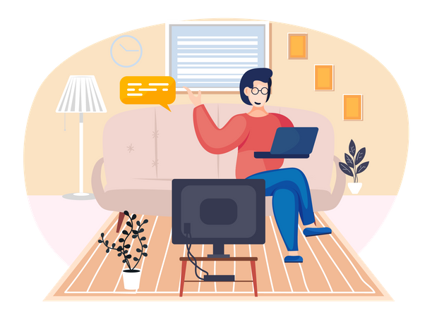 Femme d'affaires assise sur un canapé et assistant à une réunion en ligne  Illustration