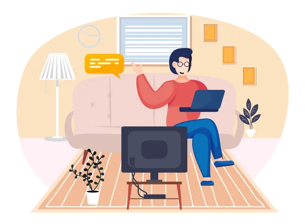 Femme d'affaires assise sur un canapé et assistant à une réunion en ligne  Illustration