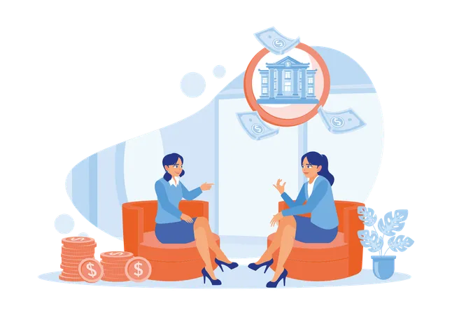 Femme d'affaires assise sur une chaise avec un conseiller financier au bureau  Illustration