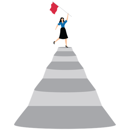 Une femme d'affaires au sommet de son escalier de carrière tenant un drapeau gagnant à la recherche d'un futur visionnaire  Illustration