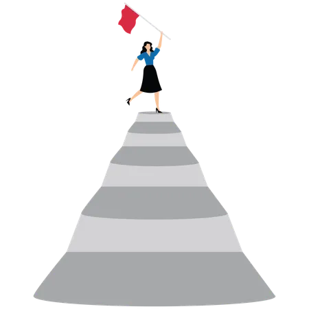 Une femme d'affaires au sommet de son escalier de carrière tenant un drapeau gagnant à la recherche d'un futur visionnaire  Illustration