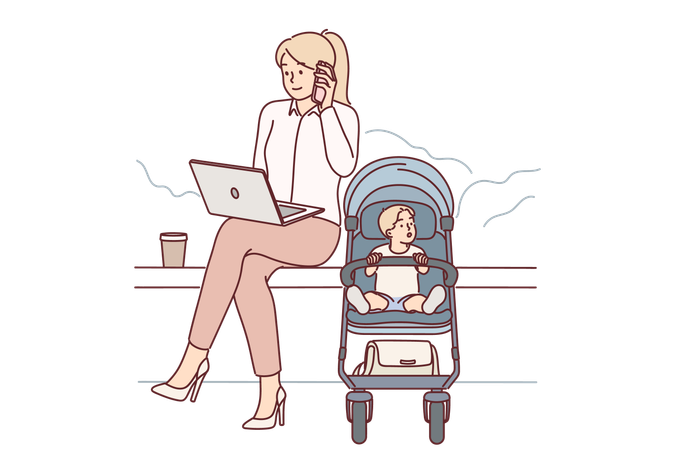 Une femme d'affaires avec un bébé dans une poussette est assise dans un parc et travaille avec un ordinateur portable et un téléphone portable  Illustration