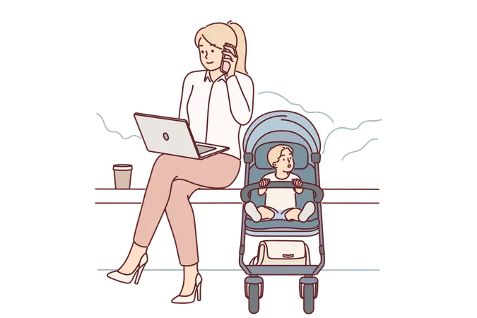 Une femme d'affaires avec un bébé dans une poussette est assise dans un parc et travaille avec un ordinateur portable et un téléphone portable  Illustration