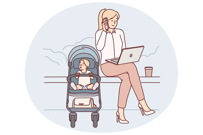 Une femme d'affaires avec un bébé dans une poussette est assise dans un parc et travaille avec un ordinateur portable et un téléphone portable  Illustration