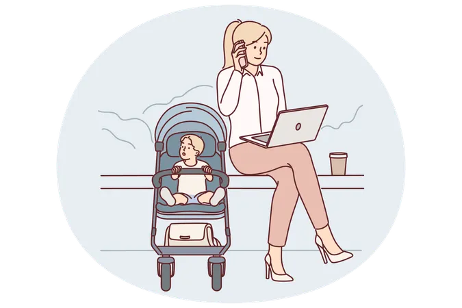 Une femme d'affaires avec un bébé dans une poussette est assise dans un parc et travaille avec un ordinateur portable et un téléphone portable  Illustration