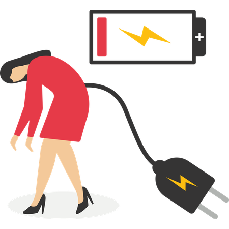 Femme d'affaires avec indicateur de batterie faible rampant jusqu'à la prise électrique pour charger l'alimentation  Illustration