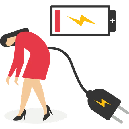 Femme d'affaires avec indicateur de batterie faible rampant jusqu'à la prise électrique pour charger l'alimentation  Illustration