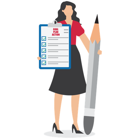 Femme d'affaires avec liste de contrôle des objectifs à atteindre  Illustration