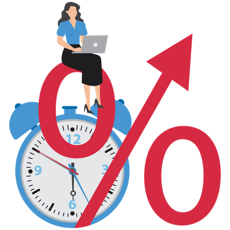 Femme d'affaires avec un ordinateur portable sur l'horloge avec un pourcentage  Illustration