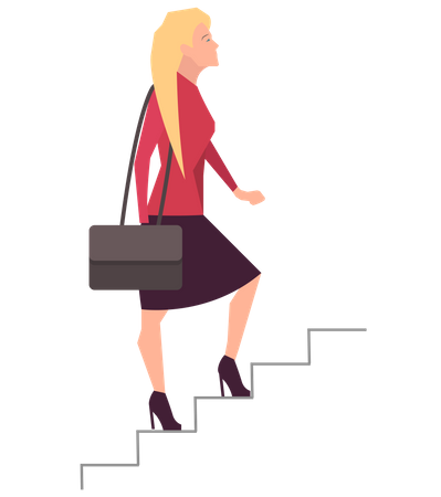 Femme d'affaires avec valise, monter les escaliers du succès  Illustration