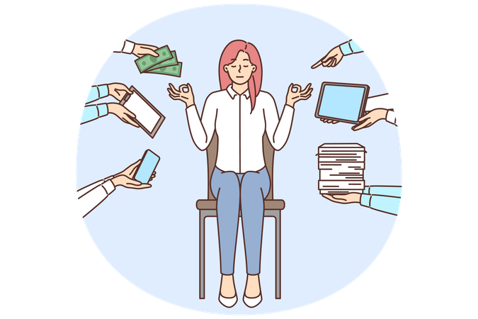 Une femme d'affaires calme médite, distraite par le travail de bureau  Illustration