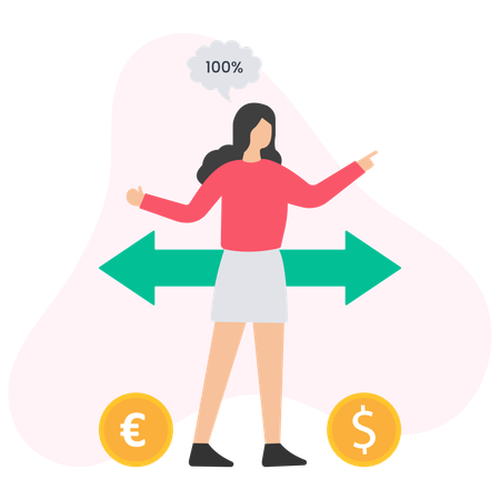 Une femme d'affaires choisit entre l'euro et le dollar avec une confiance à 100 %  Illustration