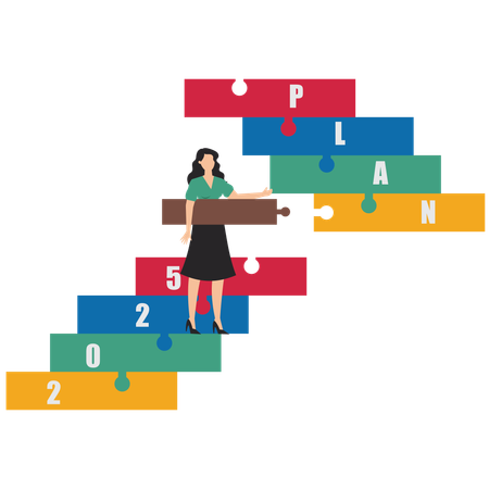 Une femme d'affaires achève un pont en forme de puzzle en vue de son plan d'objectif 2025  Illustration