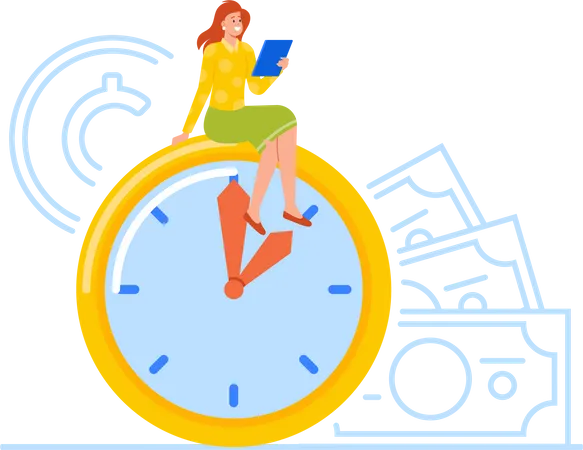 Femme d'affaires confiante assise sur une horloge avec une tablette  Illustration