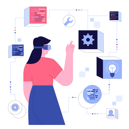 Femme d'affaires connectant le système à la réalité virtuelle  Illustration