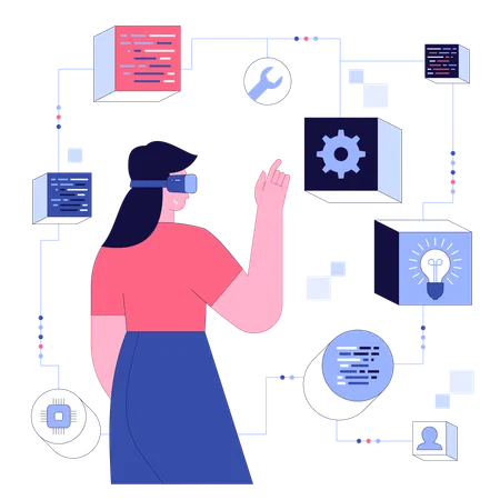 Femme d'affaires connectant le système à la réalité virtuelle  Illustration