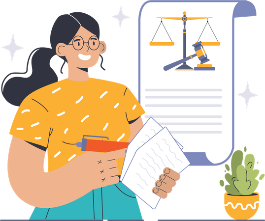 Une femme d'affaires consulte des documents juridiques  Illustration