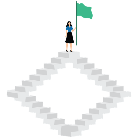 Femme d'affaires dans les escaliers et drapeau de la victoire  Illustration