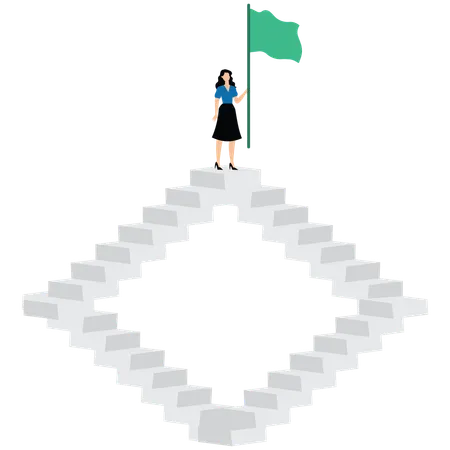 Femme d'affaires dans les escaliers et drapeau de la victoire  Illustration