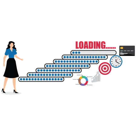 Femme d'affaires debout à côté de la barre de progression des compétences qui chargent plus  Illustration