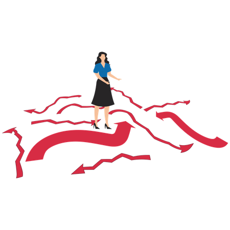 Femme d'affaires debout parmi de nombreuses flèches avec des directions différentes  Illustration