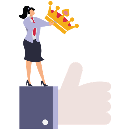 Femme d'affaires debout avec les pouces levés et des couronnes pour les marchands de vêtements de cape  Illustration