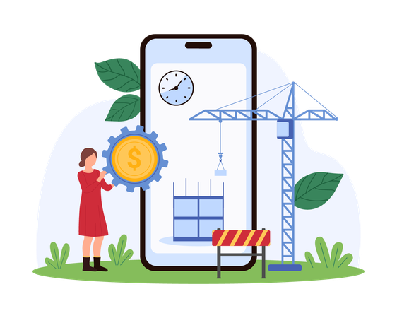 Femme d'affaires effectuant un investissement immobilier sur son téléphone portable  Illustration
