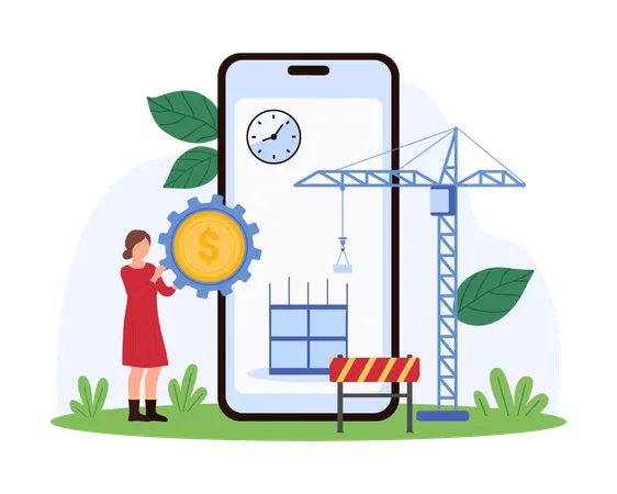 Femme d'affaires effectuant un investissement immobilier sur son téléphone portable  Illustration