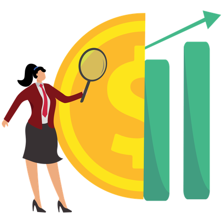 Femme d'affaires effectuant une évaluation et une enquête avant d'investir  Illustration