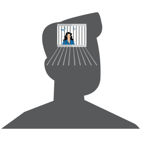 Femme d'affaires en silhouette de tête derrière les barreaux  Illustration