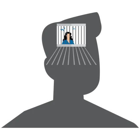 Femme d'affaires en silhouette de tête derrière les barreaux  Illustration