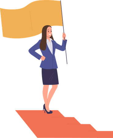 Personnage d'entrepreneur femme d'affaires avec drapeau gagnant dans le défi des chefs d'entreprise  Illustration