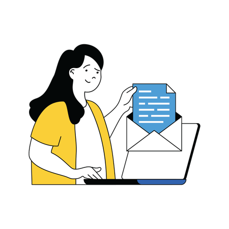 Femme d'affaires envoyant un e-mail marketing  Illustration