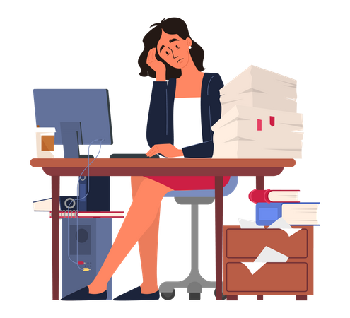 Femme d'affaires épuisée assise au bureau  Illustration