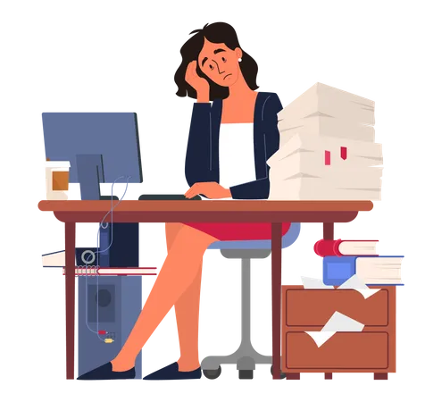 Femme d'affaires épuisée assise au bureau  Illustration