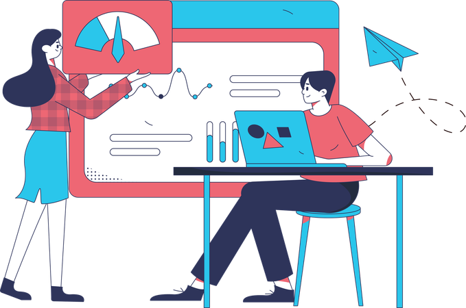 Femme d'affaires et homme montrant le rapport d'analyse  Illustration