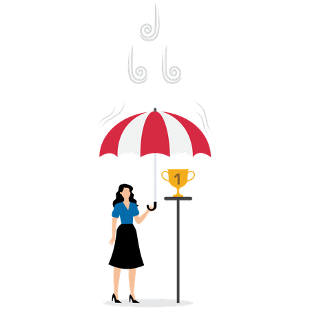 Femme d'affaires déployant un parapluie pour couvrir un trophée  Illustration