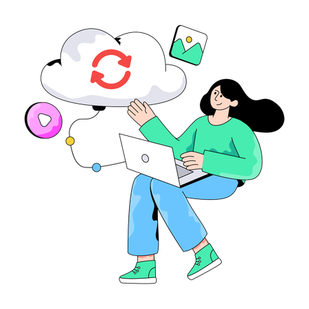 Femme d'affaires effectuant une mise à jour du Cloud  Illustration