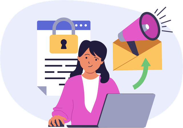 Femme d'affaires faisant du marketing par courrier électronique en ligne  Illustration