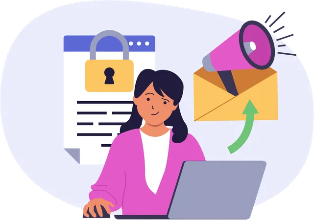 Femme d'affaires faisant du marketing par courrier électronique en ligne  Illustration