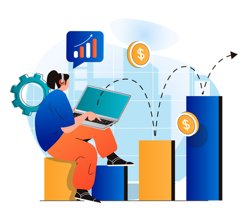 Femme d'affaires effectuant une analyse de croissance en ligne  Illustration