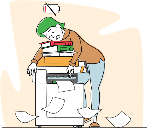 Femme d'affaires fatiguée par un travail acharné avec un niveau de batterie faible en veille sur l'imprimante  Illustration