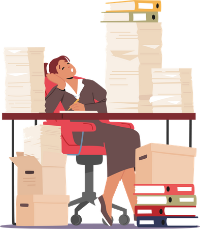 Femme d'affaires fatiguée dormant sur le lieu de travail avec des tas de documents et de paperasse  Illustration