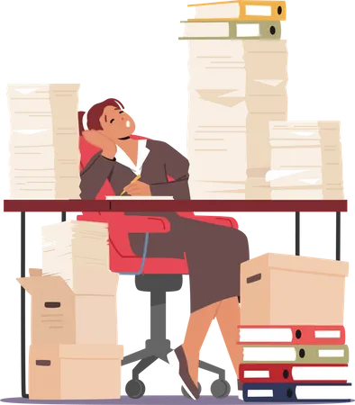 Femme d'affaires fatiguée dormant sur le lieu de travail avec des tas de documents et de paperasse  Illustration